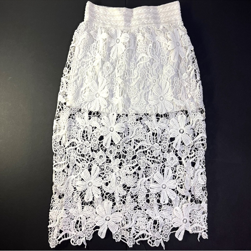 Meraki White Floral Lace Midi Skirt